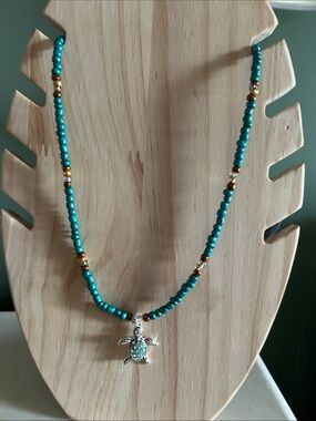 Turquoise Beaded Necklace with Silver Turtle Charm - Women Jewelry